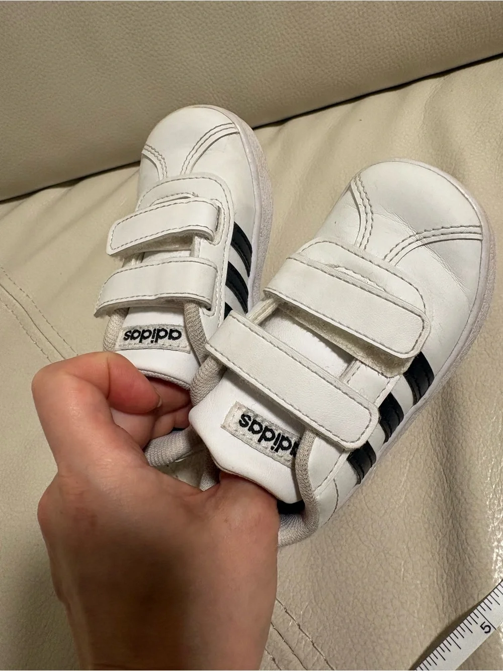 adidas Toddler White Sneakers Black Stripes Velcro Size 5.5